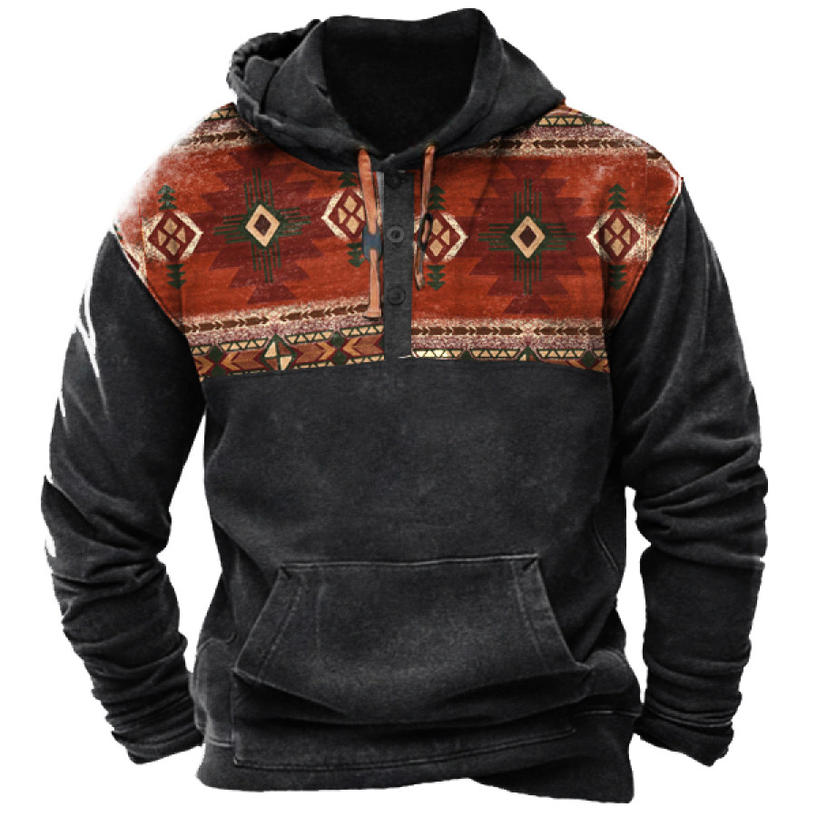 

Мужская винтажная толстовка с капюшоном Henley тактический пуловер с западным этническим узором