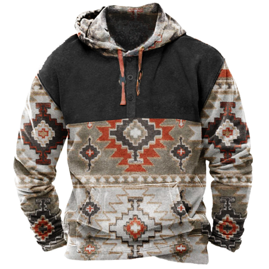 

Men's Vintage Henley Hoodie Western Ethnic Pattern Tactical Pullover