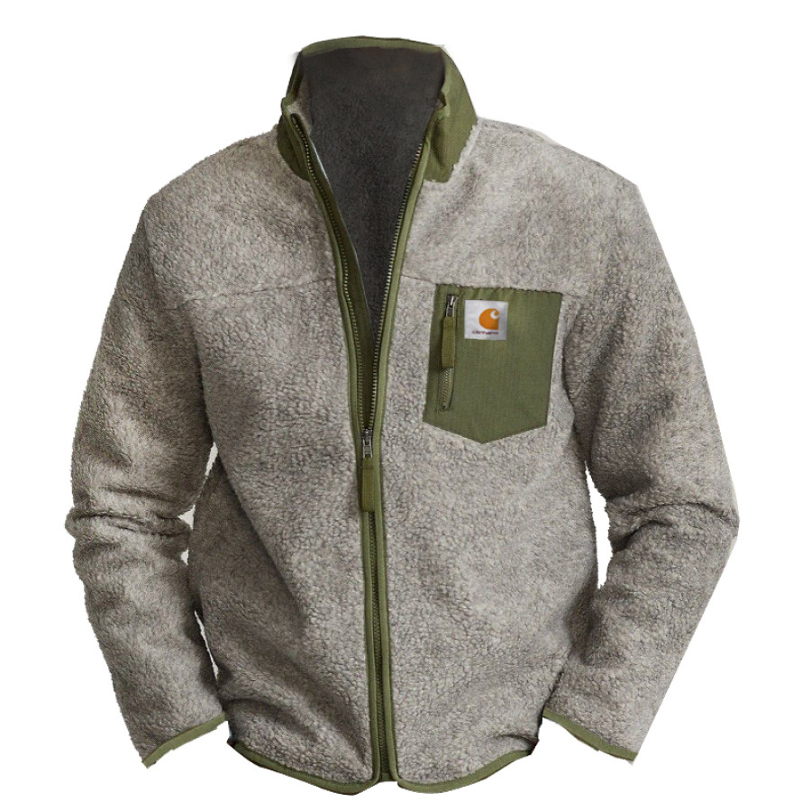 

Jaqueta Masculina Com Zíper Completo Sherpa Fleece Sherpa Contrast Zip Pocket Jacket Cinza