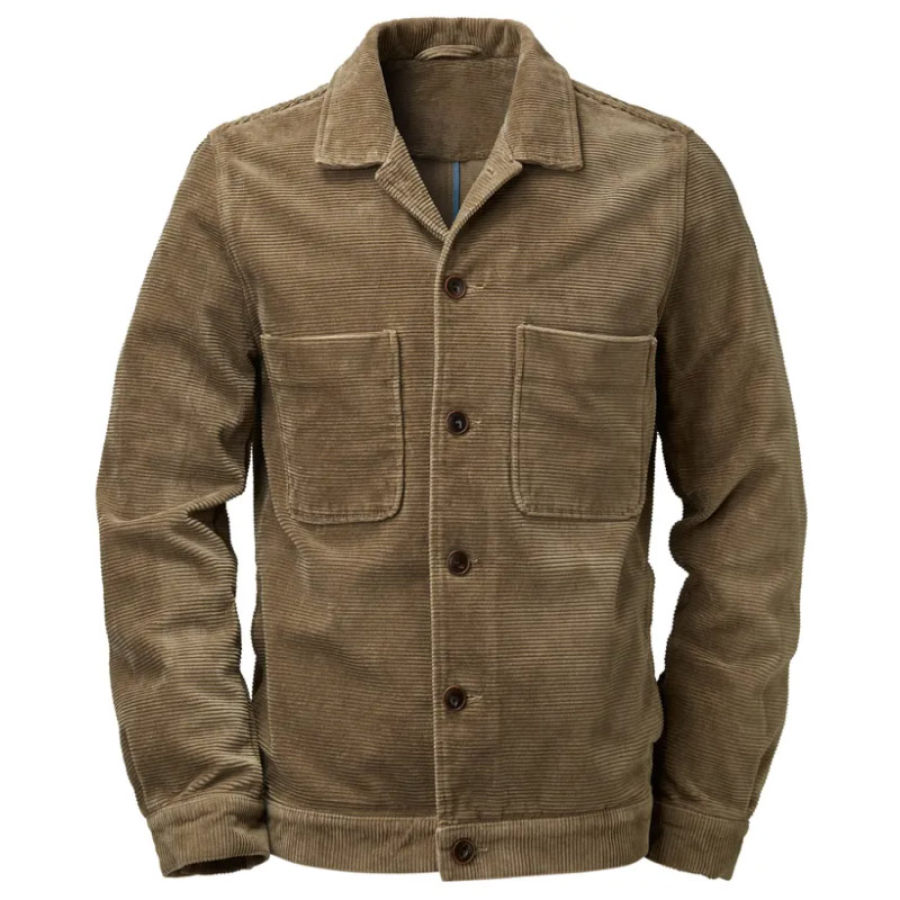 

Jaqueta Masculina De Veludo Cotelê Vintage Com Bolso Cáqui