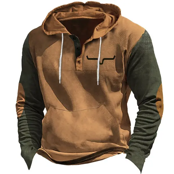 Men's Hoodie Vintage Western Cowboy Button Pocket Long Sleeve Daily Tops - Kalesafe.com 