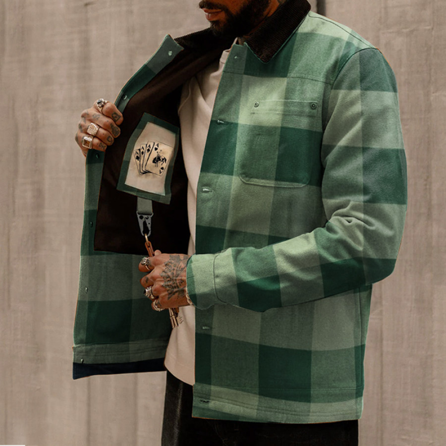 

Мужская ковбойская парусиновая куртка в клетку в стиле вестерн уличная рабочая куртка в стиле ретро с несколькими карманами и контрастным воротником с лацканами Gree