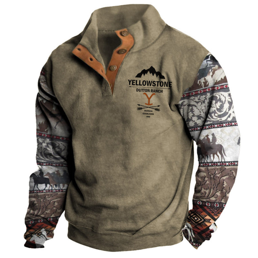 

Moletom Masculino Vintage Outdoor Western Yellowstone Estampado Botão Gola Meio Aberta