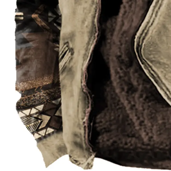 Men's Fleece Jacket Vintage Western Denim Yellowstone Print Full Zipper Outdoor Pockets