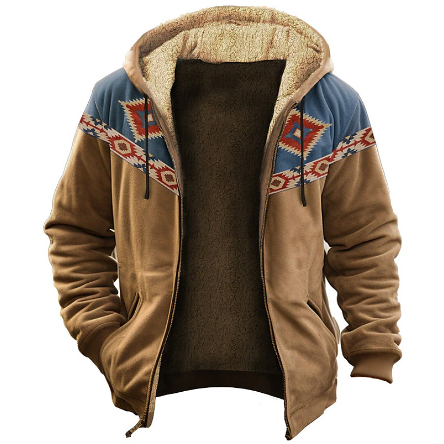 

Jaqueta Masculina Vintage Com Estampa étnica De Lã Com Capuz E Zíper