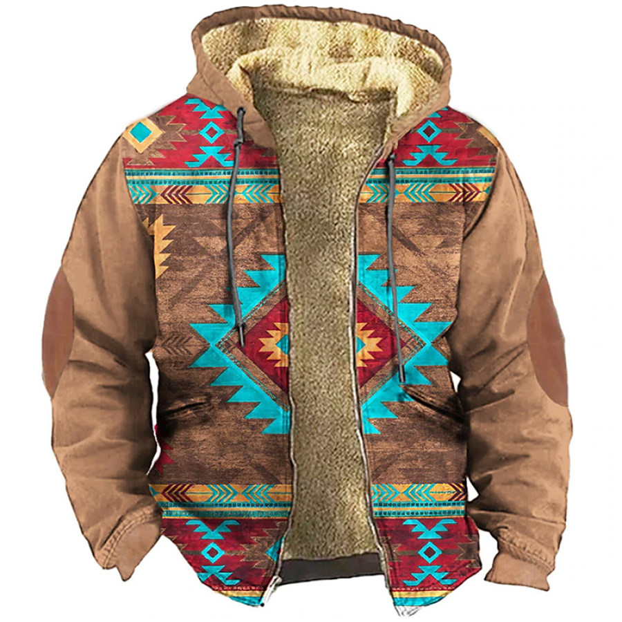 

Chaqueta Con Cremallera Y Capucha De Forro Polar Con Estampado étnico Vintage Para Hombre