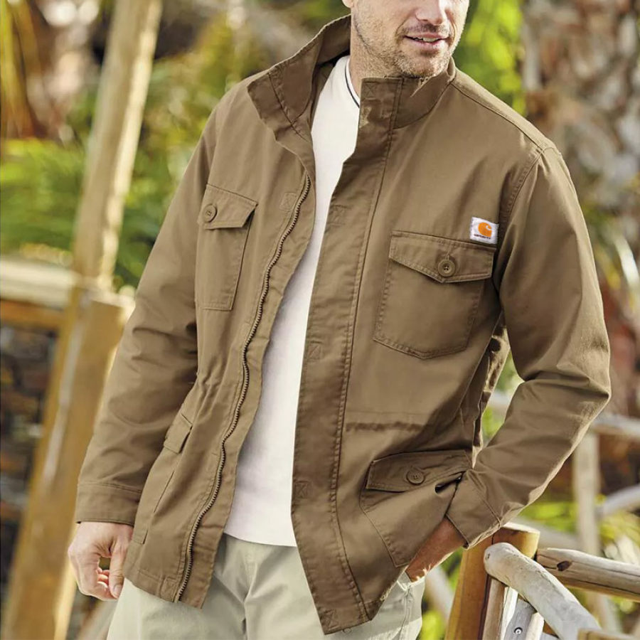 

Men's Jacket Vintage Pocket Cargo Full Zip Khaki