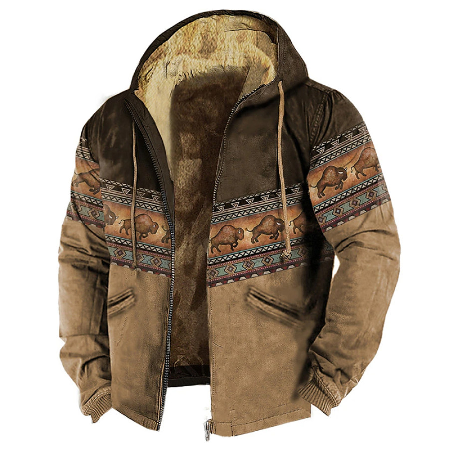 

Retro Ethnic Geometric Print Wool Zip Hoodie Jacket