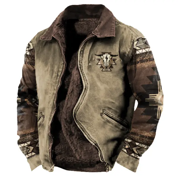 Men's Fleece Jacket Vintage Western Denim Yellowstone Aztec Print Full Zipper Outdoor Pockets