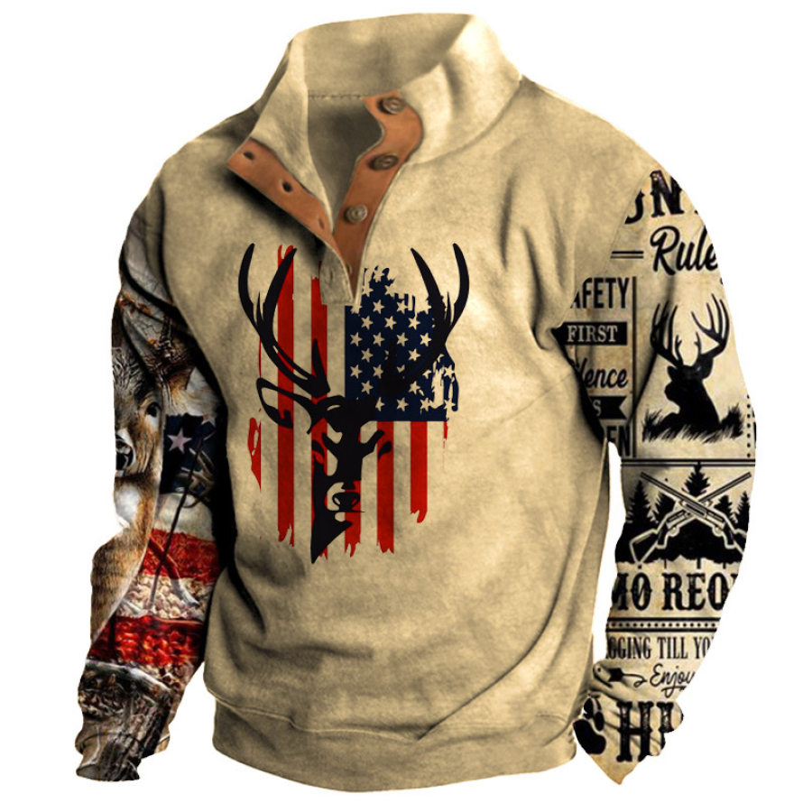 

Men's Sweatshirt Vintage Outdoor American Deer Print Button Half Open Collar