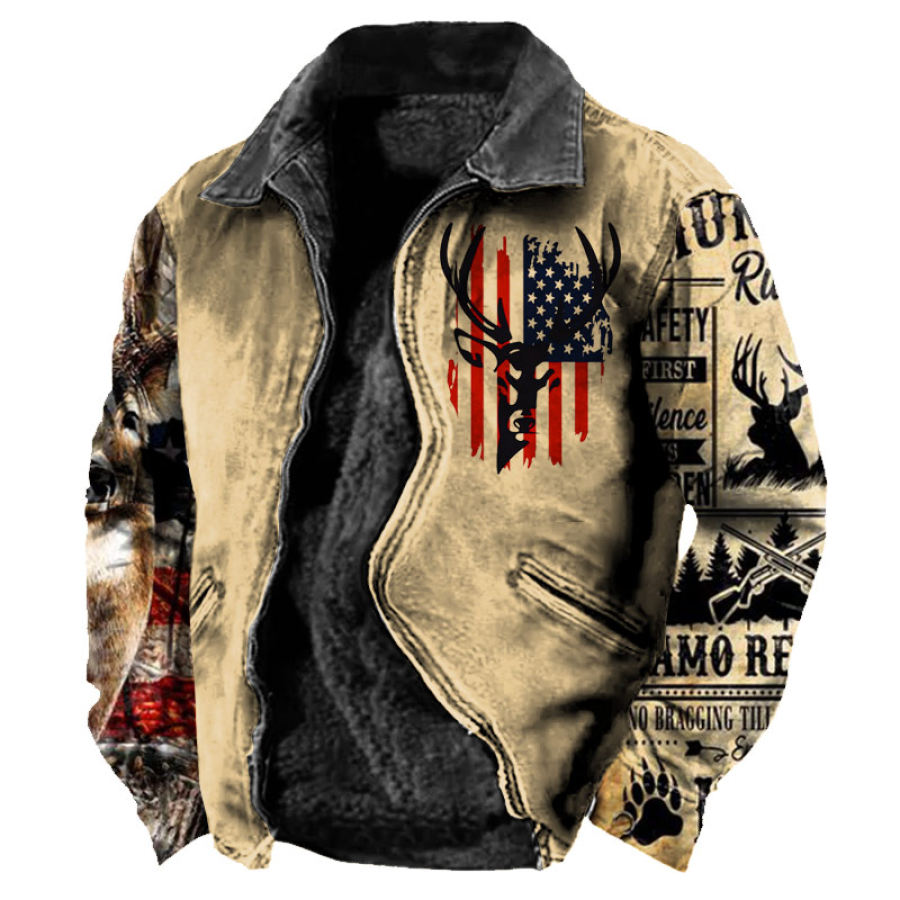 

Men's Fleece Jacket Vintage American Deer Print Full Zipper Outdoor Pocket