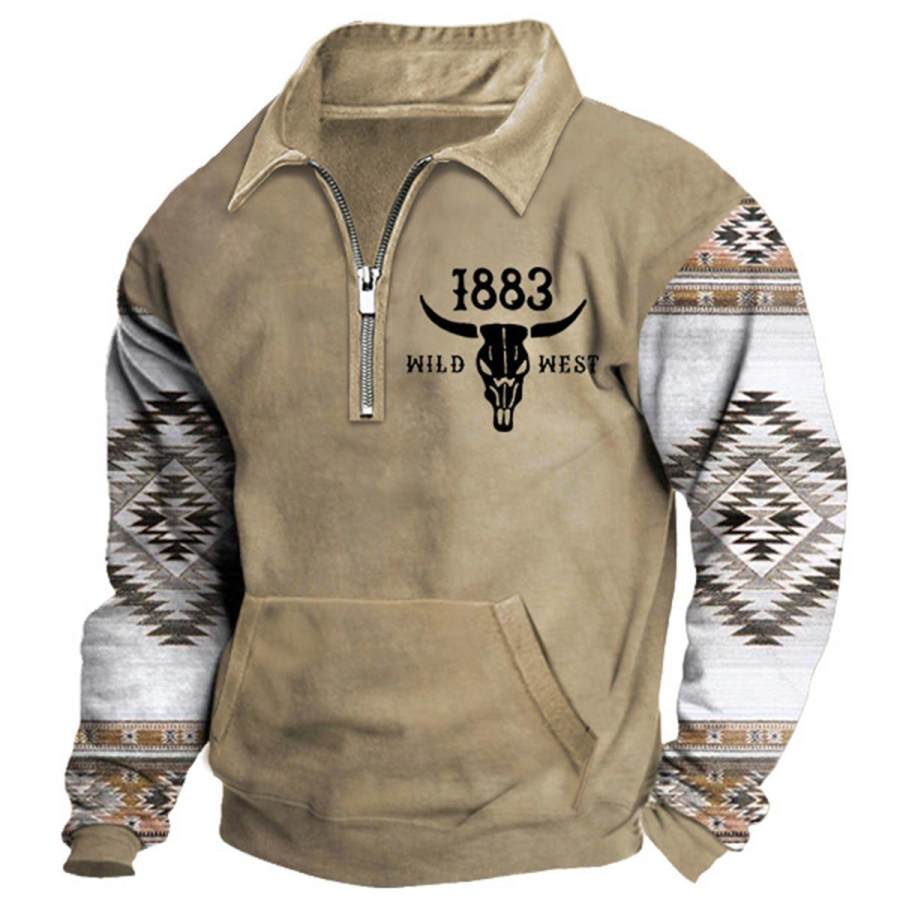 

Men's Sweatshirt Quarter Zip Wild West 1883 Ethnic Aztec Vintage Daily Tops Khaki