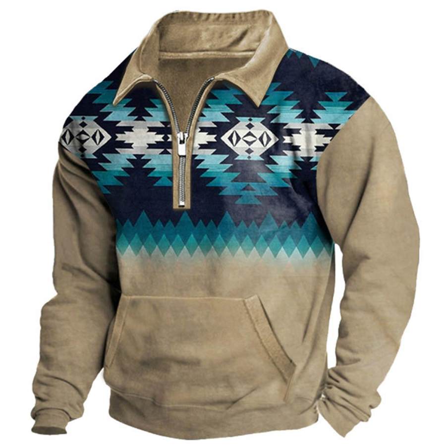 

Herren-Sweatshirt Mit Viertelreißverschluss Ethnisches Aztekenmuster Vintage-Stil Tägliches Oberteil Khaki