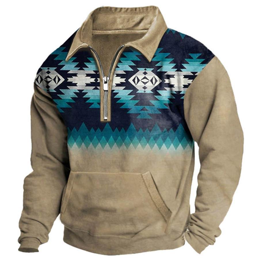 

Sudadera De Hombre Con Cremallera De Un Cuarto Étnico Azteca Vintage Diario Tops Caqui