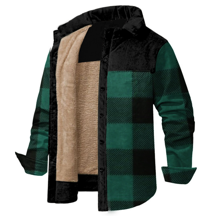

Men's Vintage Plaid Print Pattern Stitching Corduroy Warm Wanderer Jacket Dark Green