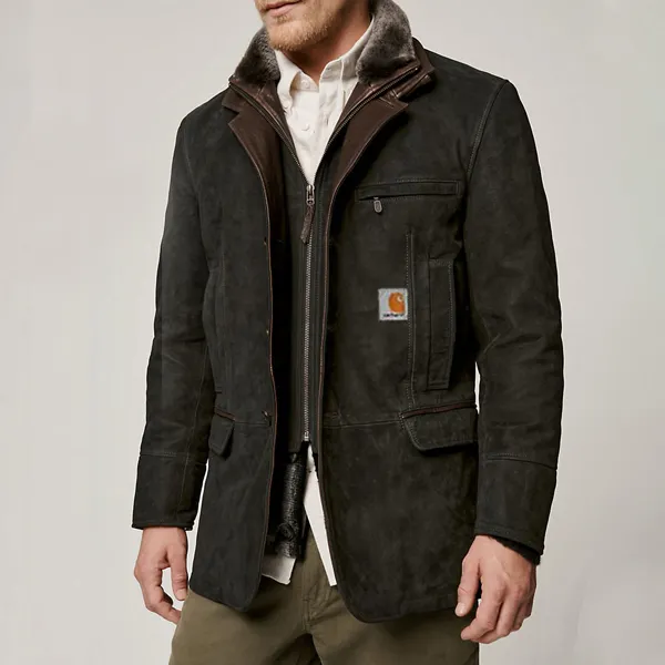 Men Vintage Carlsbad Calfskin Leather Blazer With Merino Shearling Collar Blac - Cotosen.com