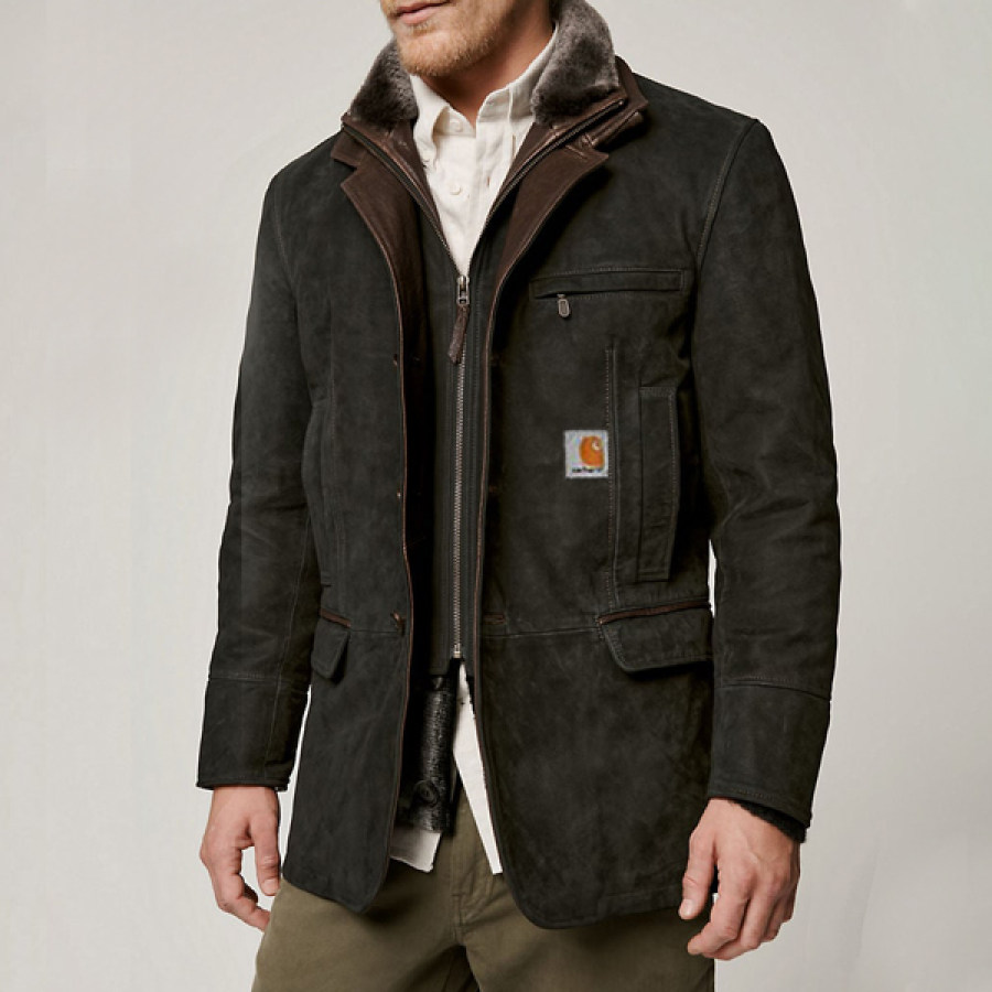 

Мужской винтажный пиджак из карловарской телячьей кожи с воротником из мериносовой овчины черный