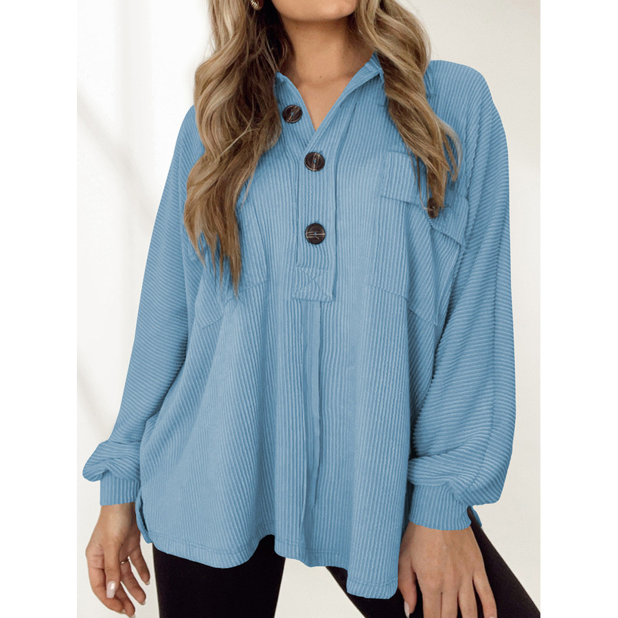 

Camisa Holgada De Pana Con Cuello De Solapa Y Dos Bolsillos Para Mujer