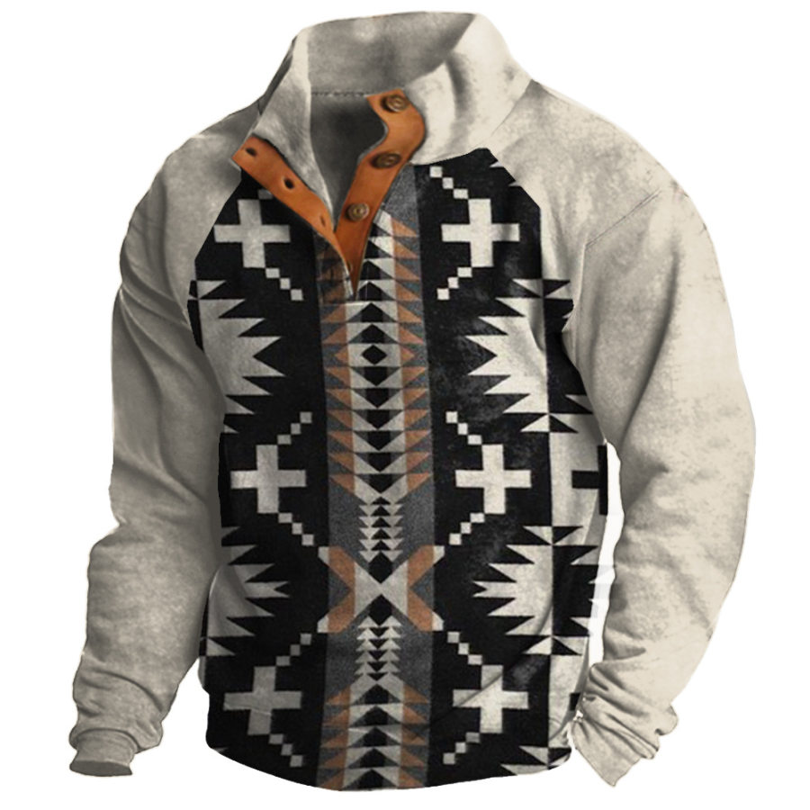 

Moletom Masculino Retrô Da Região Ocidental Com Estampa De Totem Henley Colarinho Casual