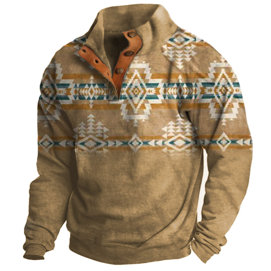 

Herren-Sweatshirt Mit Henley-Kragen Retro-Westernregion-Totem-Print Lässig