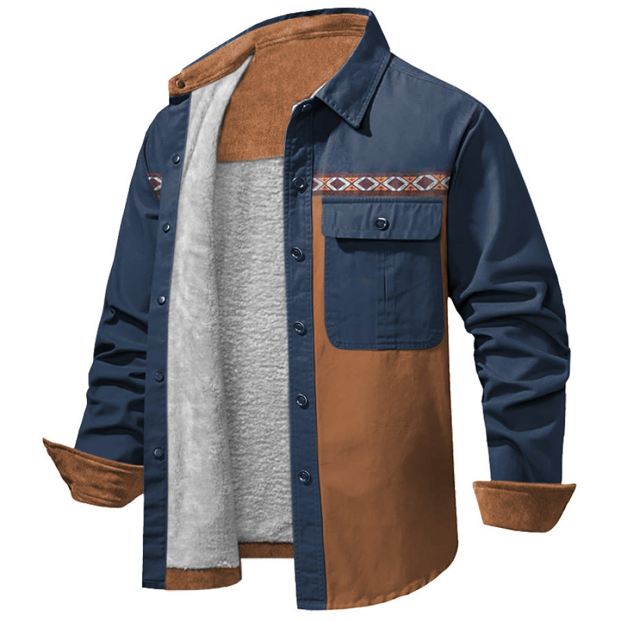 

Мужская флисовая куртка-рубашка в винтажном этническом стиле с цветными блоками и вельветовыми накладными карманами
