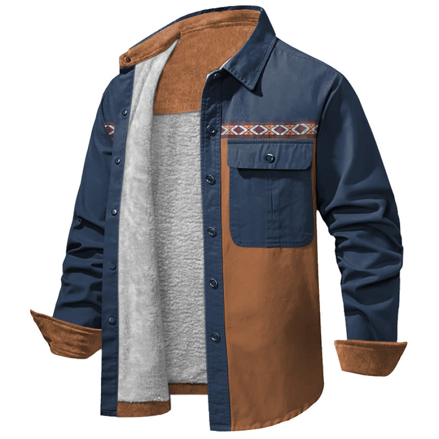 

Veste Chemise Polaire Pour Hommes Vintage Ethnique Colorblock Imprimé Velours Côtelé Poches Plaquées