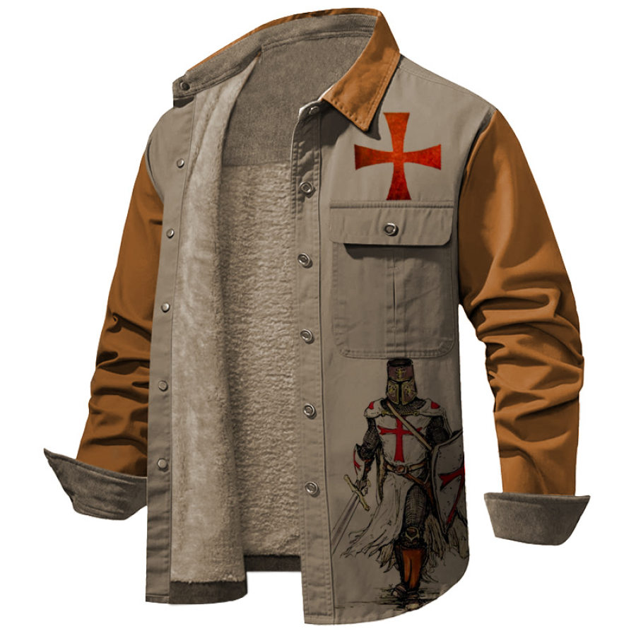 

Chaqueta Tipo Camisa De Forro Polar Para Hombre Bolsillos De Parche De Pana Con Estampado Templario Cruzado Vintage
