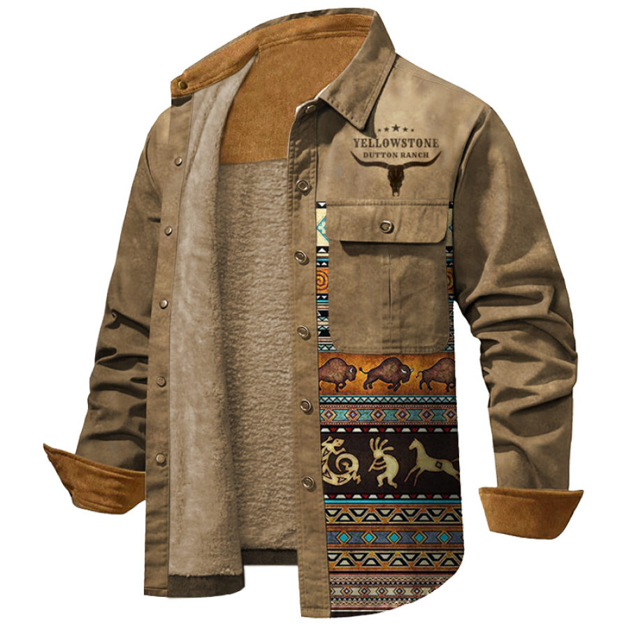 

Мужская флисовая куртка-рубашка в винтажном ковбойском стиле в стиле вестерн с этническим принтом и вельветовыми накладными карманами