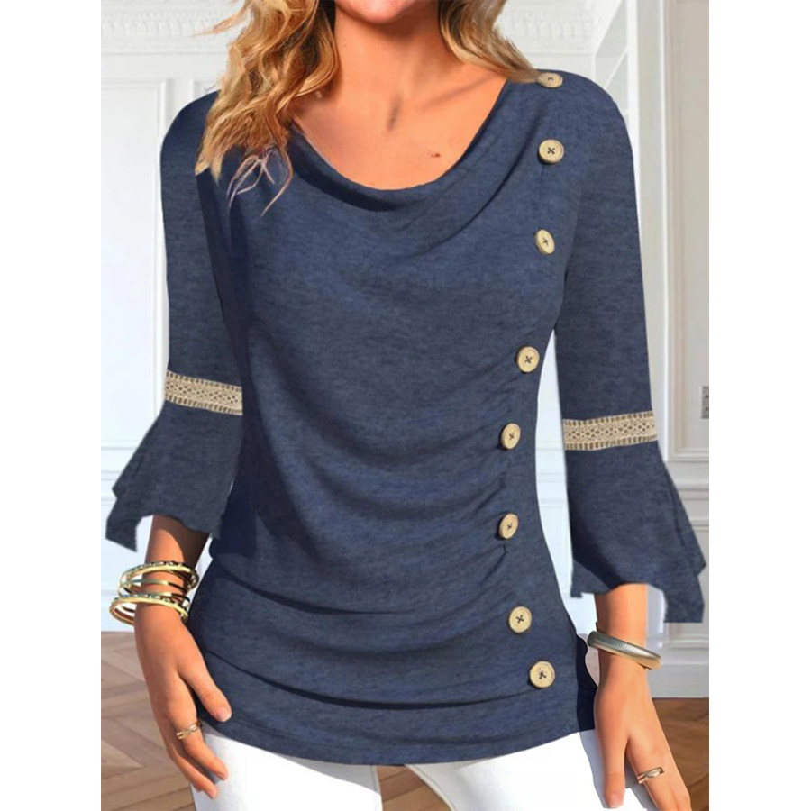 

Camiseta Feminina Casual Com Botão E Manga Três Quartos