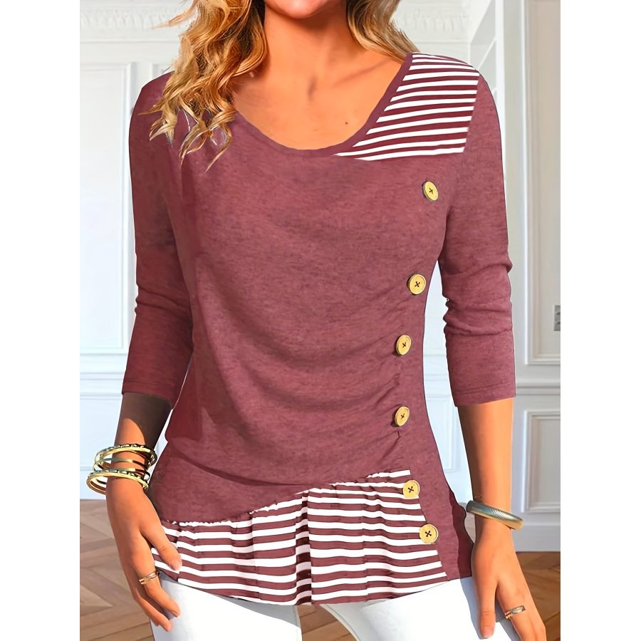 

Damen-Langarm-T-Shirt Mit Streifendruck Nähten In Kontrastfarbe Und Lässigen Knöpfen