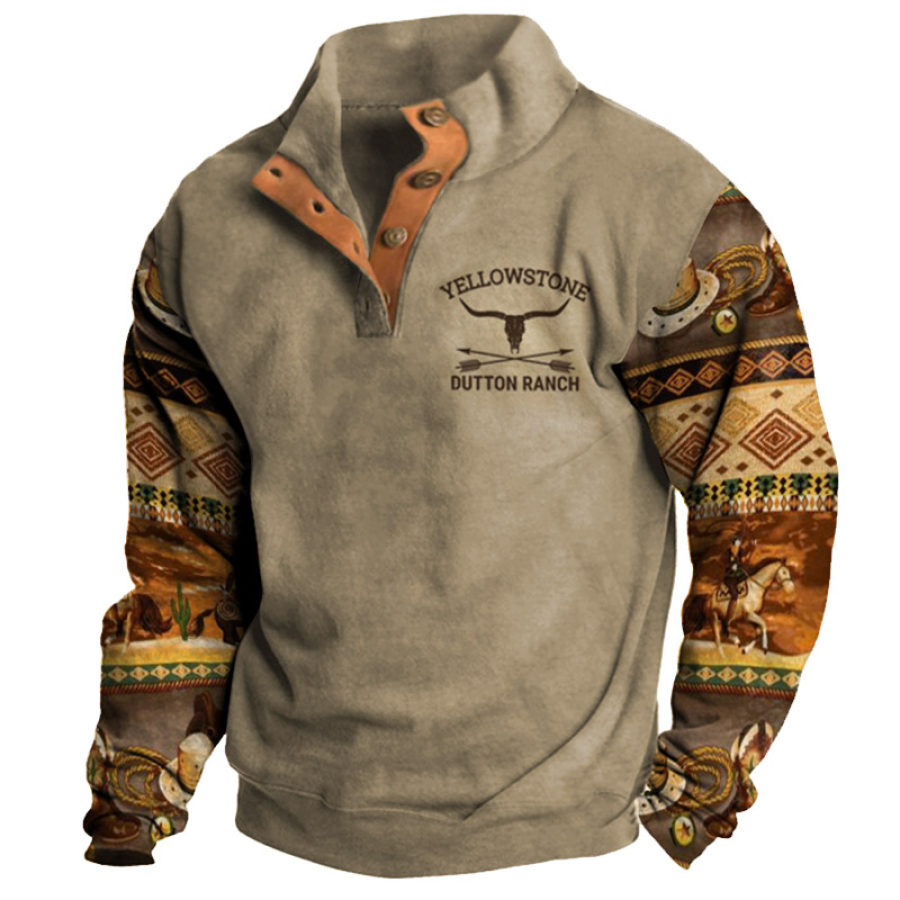 

Sudadera Para Hombre Vintage Yellowstone Cowboy Estampado Botón Cuello Medio Abierto