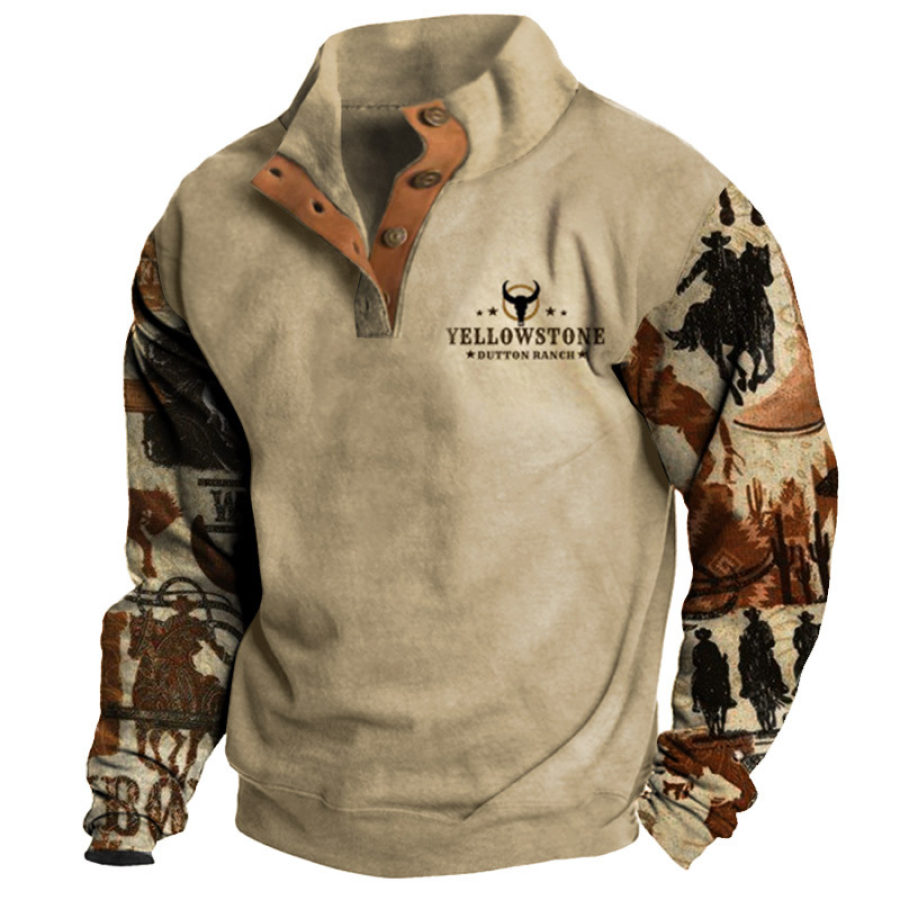 

Sudadera Para Hombre Vintage Western Yellowstone Cowboy Print Botón Cuello Medio Abierto