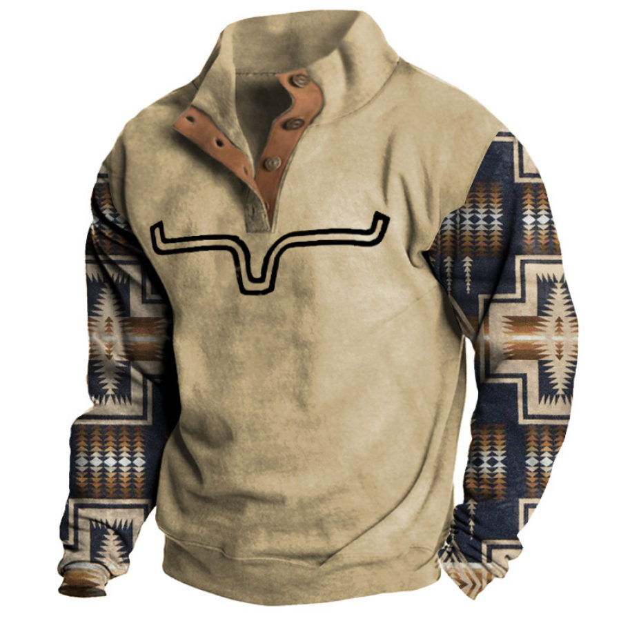 

Sudadera Para Hombre Retro Vaquero Estampado Étnico Botón Cuello Medio Abierto