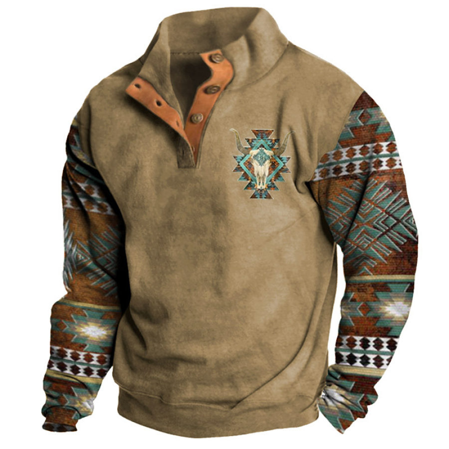 

Sudadera Para Hombre Retro Vaquero Estampado Étnico Botón Cuello Medio Abierto