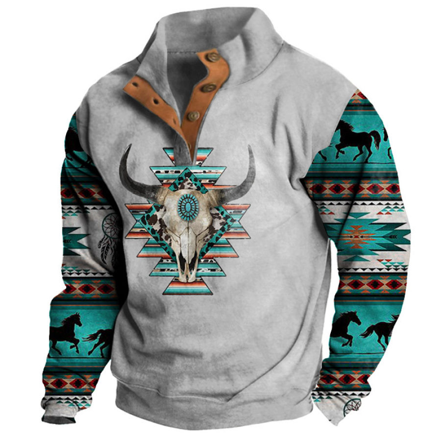 

Sweat Homme Vintage Western Cowboy Ethnique Imprimé Bouton Col Demi Ouvert