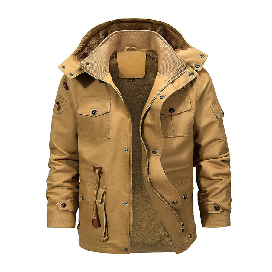 

Lässige Herren-Cargojacke Mit Kapuze Dicke Reißverschlusstasche Winter-Baumwolljacke Einfarbig Mit Kapuze