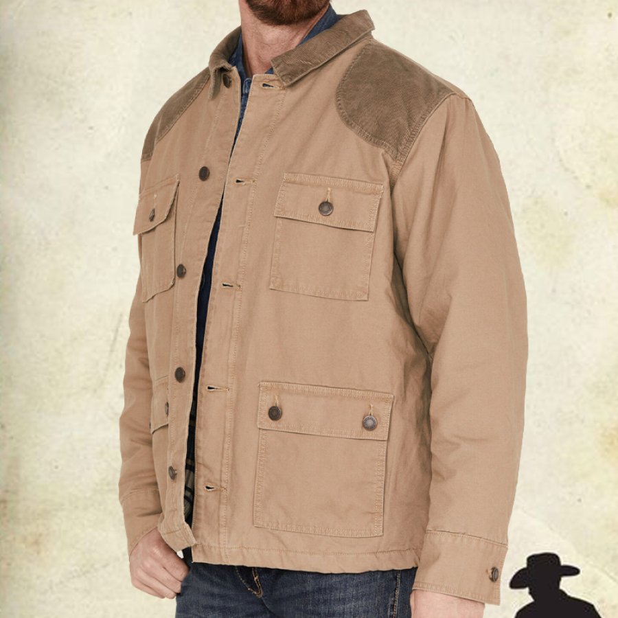 

Veste De Manteau De Grange Multi-poches En Denim Western Patchwork En Velours Côtelé Pour Hommes