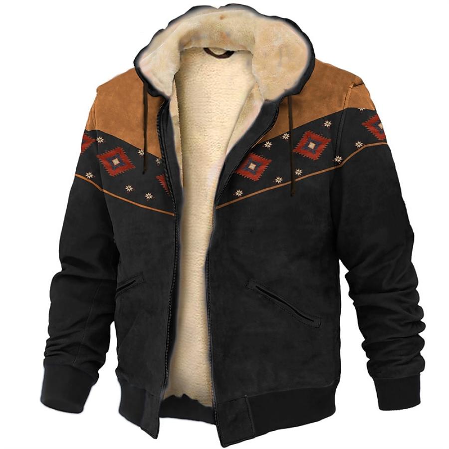 

Chaqueta De Hombre Con Capucha Vintage Occidental étnico Azteca Más Forro Polar Cálido Abrigo Grueso Negro