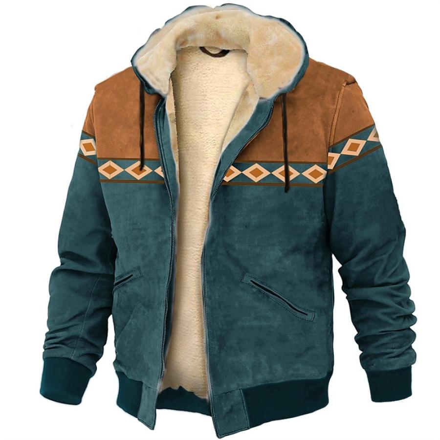 

Мужская куртка с капюшоном в винтажном стиле вестерн в этническом стиле ацтеков плюс флисовое теплое толстое пальто бирюзового цвета