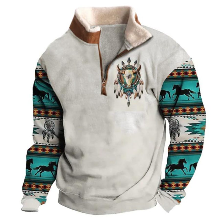 

Sudadera Para Hombre Con Cremallera De Un Cuarto Cuello Polar Azteca étnico Occidental Tops Diarios Vintage