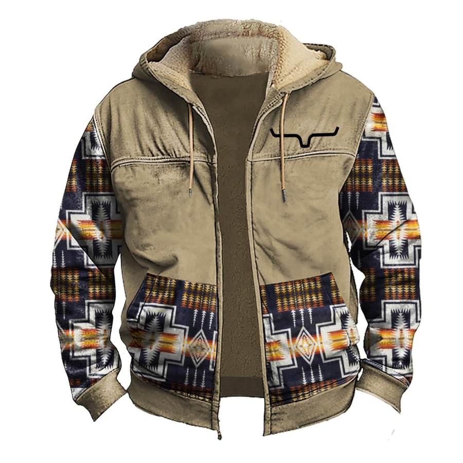 

Herrenjacke Mit Kapuze Vintage-Stil Ethnischer Azteken-Western-Cowboy-Stil Plus Fleece Warmer Dicker Mantel Khaki