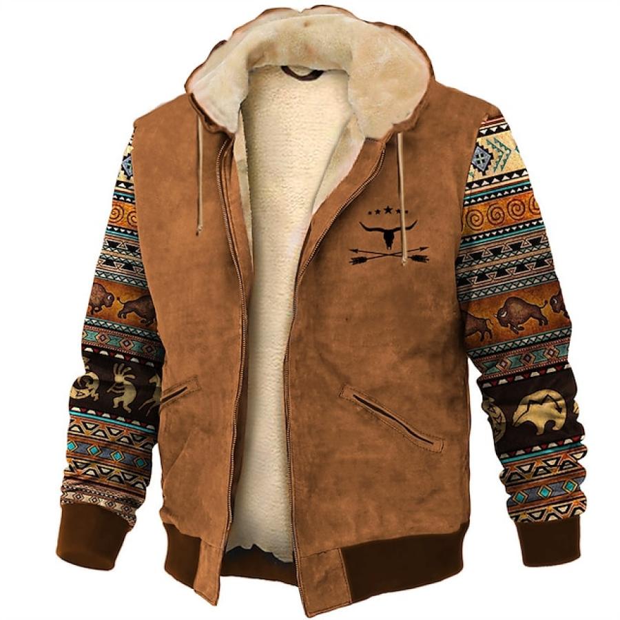 

Giacca Da Uomo Con Cappuccio Vintage Occidentale Etnica Azteca Teschio Toro Più Pile Caldo Cappotto Spesso Caramello