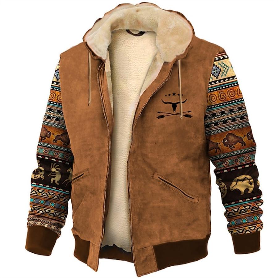 

Chaqueta De Hombre Con Capucha Vintage Occidental Étnico Azteca Calavera Toro Plus Forro Polar Cálido Abrigo Grueso Caramelo