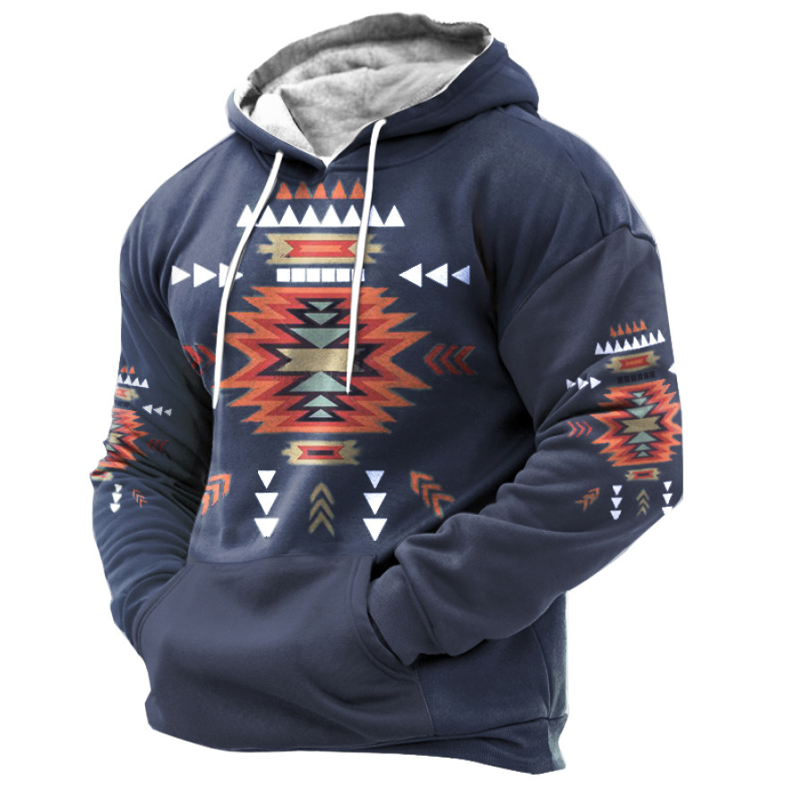 

Sweat-shirt à Capuche En Polaire Pour Hommes Pull D'extérieur Rétro Ethnique Imprimé Géométrique Avec Poche Kangourou