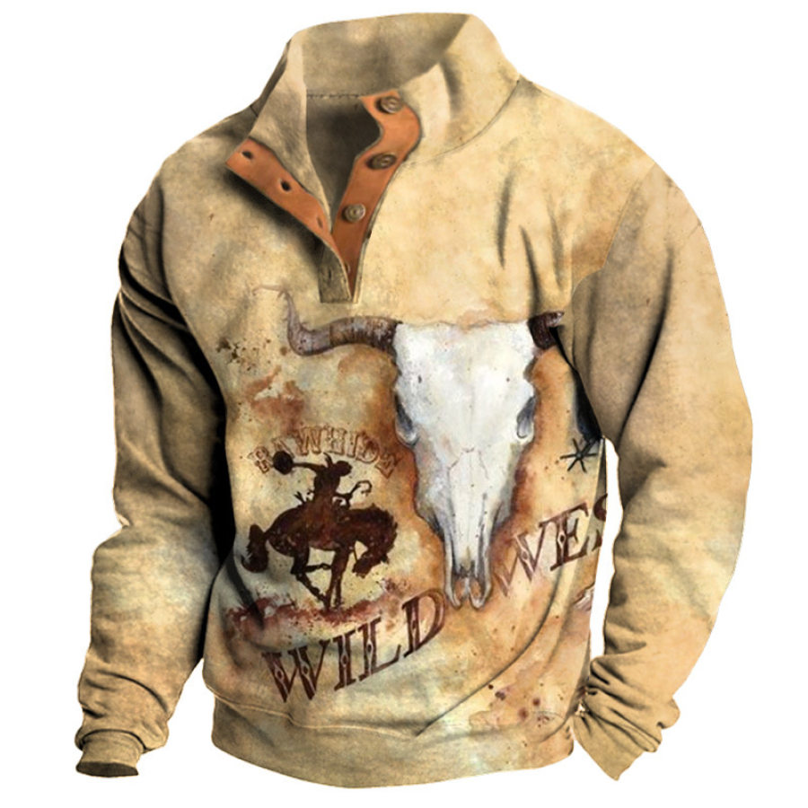 

Felpa Da Uomo Vintage Wild Denim Stampa Teschio Bottoni Collo Semiaperto