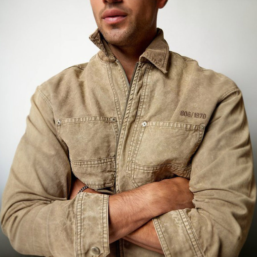 

Мужская куртка винтажная из мытой парусины с карманами-карго цвета хаки
