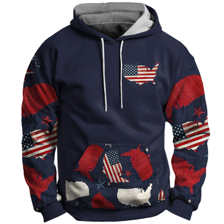 

Moletom Masculino Retrô Com Estampa De Bandeira Americana E Bolso Com Capuz Casual