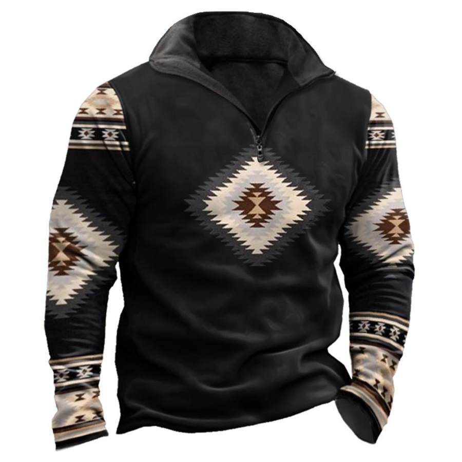 

Herren-Sweatshirt Mit Viertelreißverschluss Ethnisches Aztekenmuster Vintage-Stil Alltagsoberteile Schwarz