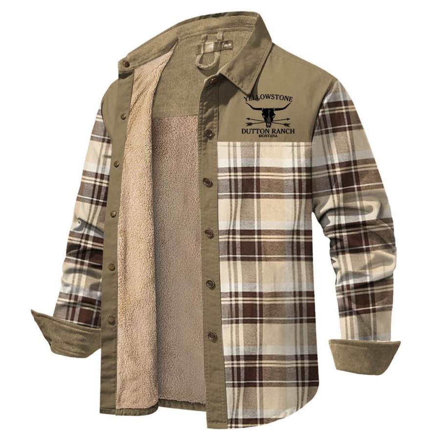 

Мужская винтажная флисовая теплая лоскутная вельветовая куртка в клетку Йеллоустоун цвета хаки