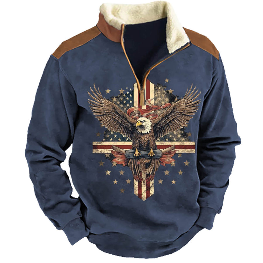 

Men's Sweatshirt Patriotic Eagle American Flag Vintage Quarter Zip Contrast Color Daily Tops